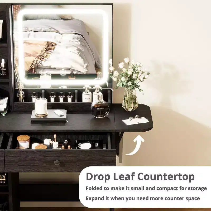 Coiffeuse avec tiroirs, ensemble de table de maquillage élégante pour chambre, avec chaise, miroir et lumières, pour chambre, noir