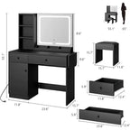 Coiffeuse avec tiroirs, ensemble de table de maquillage élégante pour chambre, avec chaise, miroir et lumières, pour chambre, noir