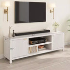 Meuble TV cannelé pour 80 pouces, meuble de divertissement moderne avec étagères réglables, meuble TV et multimédia de rangement à 2 niveaux pour salon et chambre à coucher