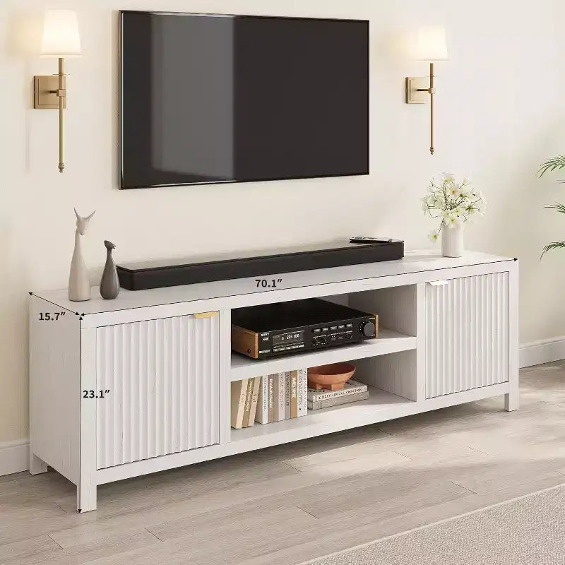 Meuble TV cannelé pour 80 pouces, meuble de divertissement moderne avec étagères réglables, meuble TV et multimédia de rangement à 2 niveaux pour salon et chambre à coucher