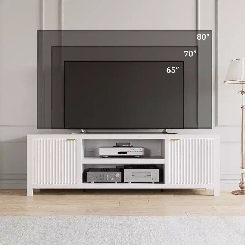 Meuble TV cannelé pour 80 pouces, meuble de divertissement moderne avec étagères réglables, meuble TV et multimédia de rangement à 2 niveaux pour salon et chambre à coucher