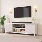 Meuble TV cannelé pour 80 pouces, meuble de divertissement moderne avec étagères réglables, meuble TV et multimédia de rangement à 2 niveaux pour salon et chambre à coucher