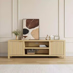 Meuble TV cannelé pour 80 pouces, meuble de divertissement moderne avec étagères réglables, meuble TV et multimédia de rangement à 2 niveaux pour salon et chambre à coucher