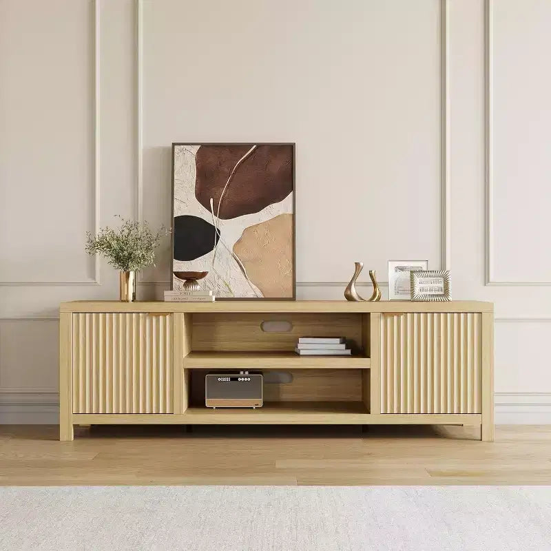 Meuble TV cannelé pour 80 pouces, meuble de divertissement moderne avec étagères réglables, meuble TV et multimédia de rangement à 2 niveaux pour salon et chambre à coucher
