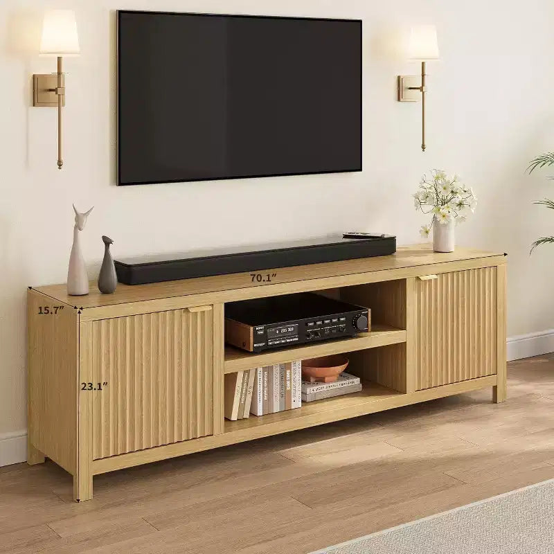 Meuble TV cannelé pour 80 pouces, meuble de divertissement moderne avec étagères réglables, meuble TV et multimédia de rangement à 2 niveaux pour salon et chambre à coucher