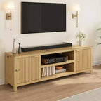 Meuble TV cannelé pour 80 pouces, meuble de divertissement moderne avec étagères réglables, meuble TV et multimédia de rangement à 2 niveaux pour salon et chambre à coucher