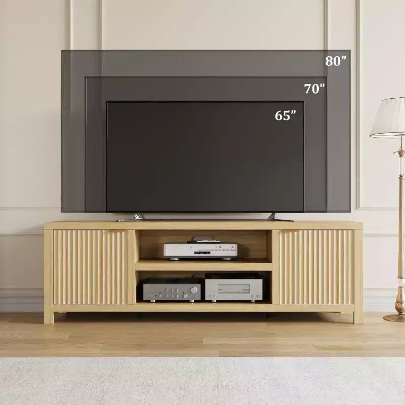 Meuble TV cannelé pour 80 pouces, meuble de divertissement moderne avec étagères réglables, meuble TV et multimédia de rangement à 2 niveaux pour salon et chambre à coucher