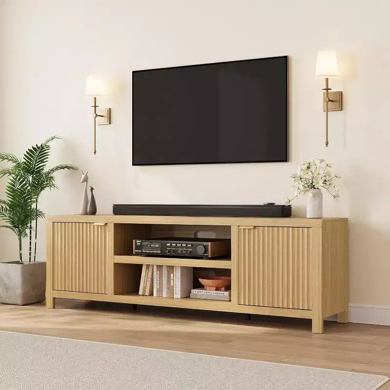 Meuble TV cannelé pour 80 pouces, meuble de divertissement moderne avec étagères réglables, meuble TV et multimédia de rangement à 2 niveaux pour salon et chambre à coucher