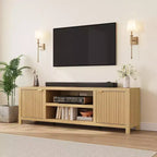 Meuble TV cannelé pour 80 pouces, meuble de divertissement moderne avec étagères réglables, meuble TV et multimédia de rangement à 2 niveaux pour salon et chambre à coucher
