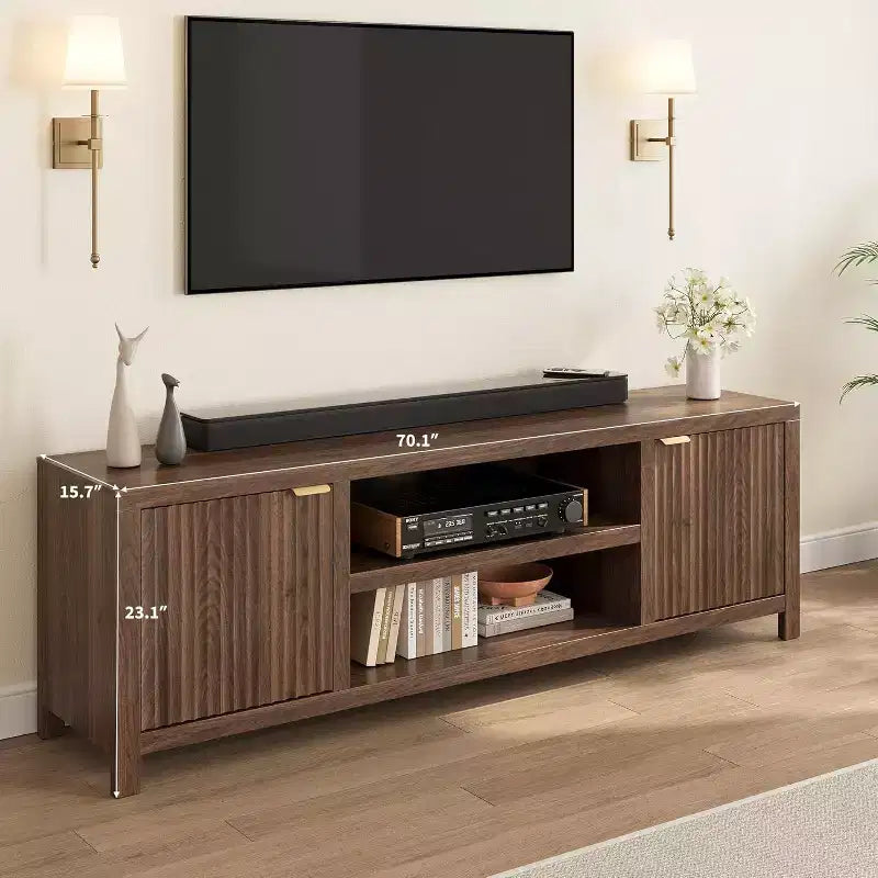 Meuble TV cannelé pour 80 pouces, meuble de divertissement moderne avec étagères réglables, meuble TV et multimédia de rangement à 2 niveaux pour salon et chambre à coucher