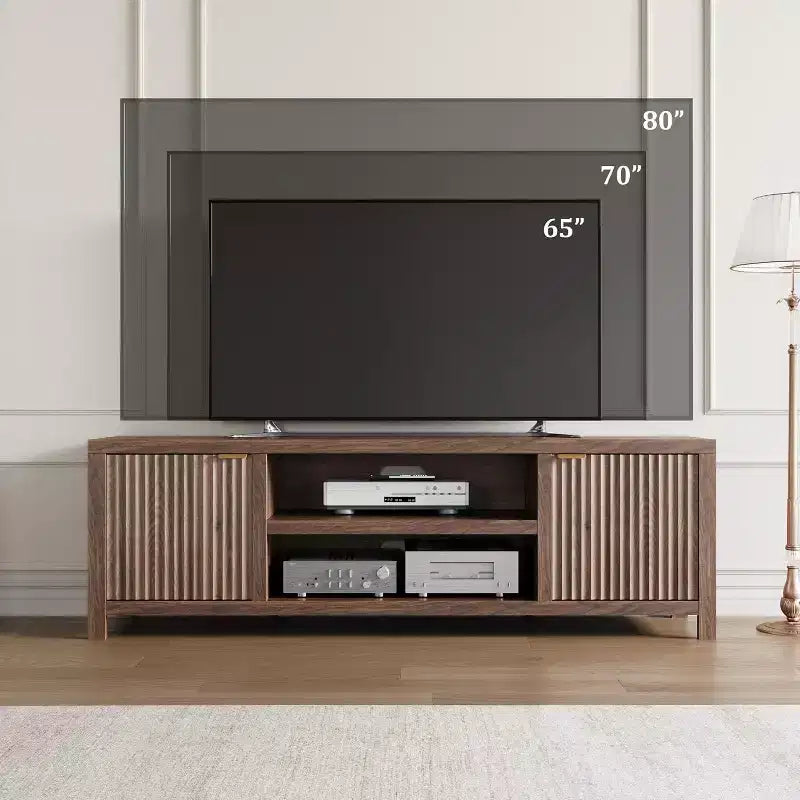 Meuble TV cannelé pour 80 pouces, meuble de divertissement moderne avec étagères réglables, meuble TV et multimédia de rangement à 2 niveaux pour salon et chambre à coucher