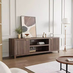 Meuble TV cannelé pour 80 pouces, meuble de divertissement moderne avec étagères réglables, meuble TV et multimédia de rangement à 2 niveaux pour salon et chambre à coucher