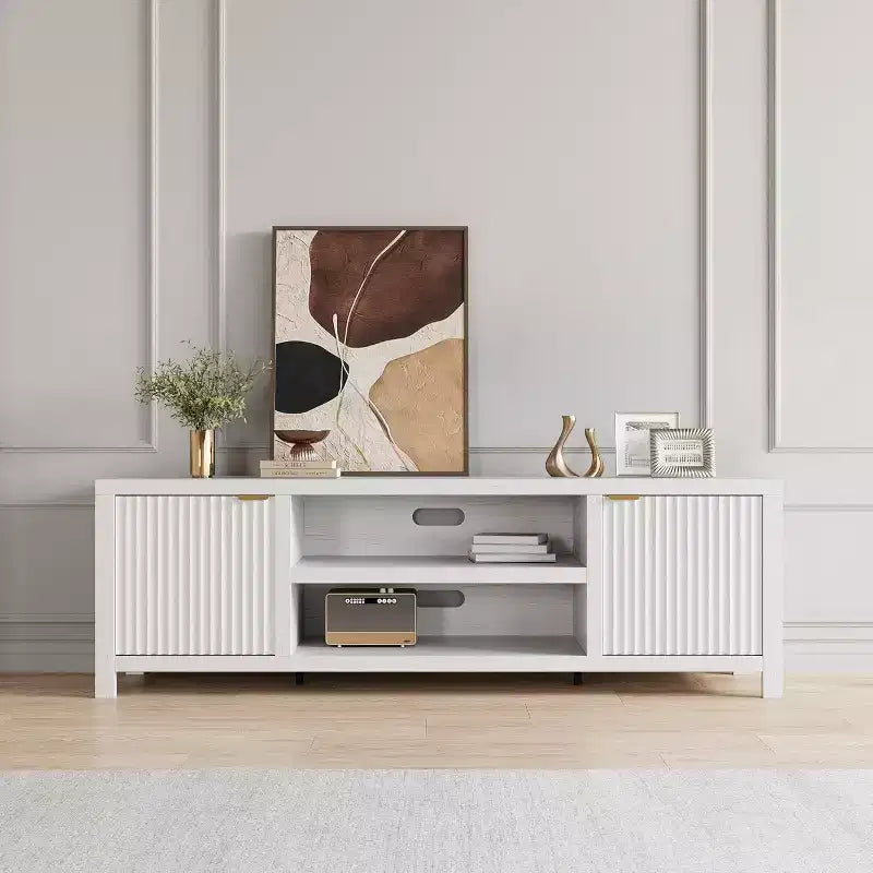 Meuble TV cannelé pour 80 pouces, meuble de divertissement moderne avec étagères réglables, meuble TV et multimédia de rangement à 2 niveaux pour salon et chambre à coucher