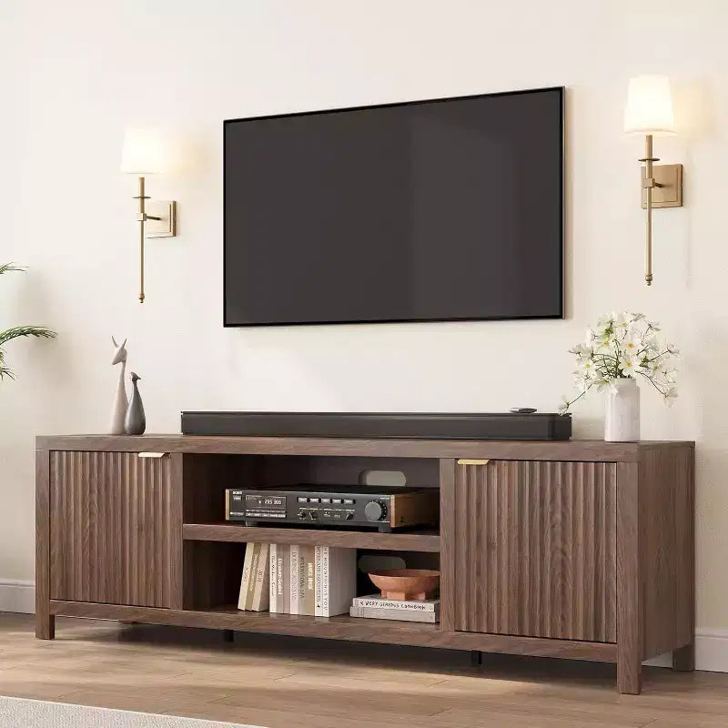 Fluted TV Stand for 80 inch, Modern Entertainment Center with Adjustable Shelves, TV & Media Cabinet 2-Tier Storage for Living Room Bedroom