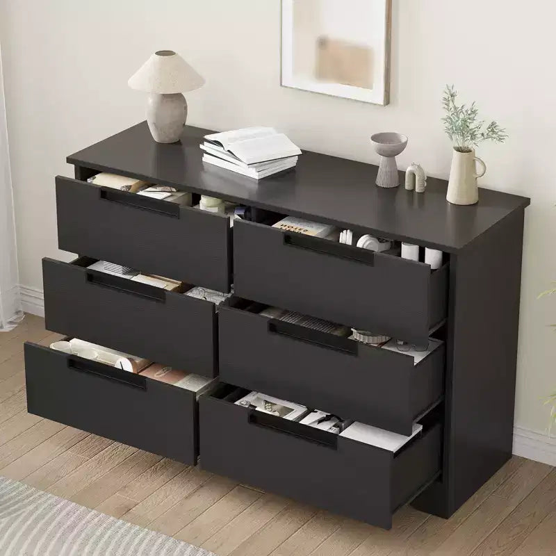 Commode 6 tiroirs pour chambre à coucher, commode en bois de 118,9 cm de large avec poignées encastrées, meuble de rangement pour vêtements, meuble TV pour couloir