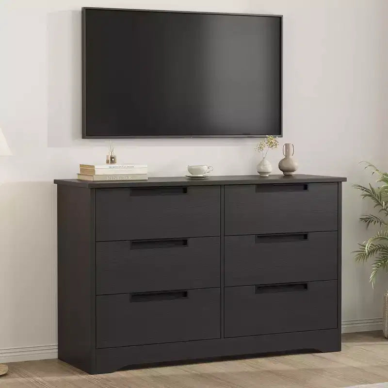 Commode 6 tiroirs pour chambre à coucher, commode en bois de 118,9 cm de large avec poignées encastrées, meuble de rangement pour vêtements, meuble TV pour couloir