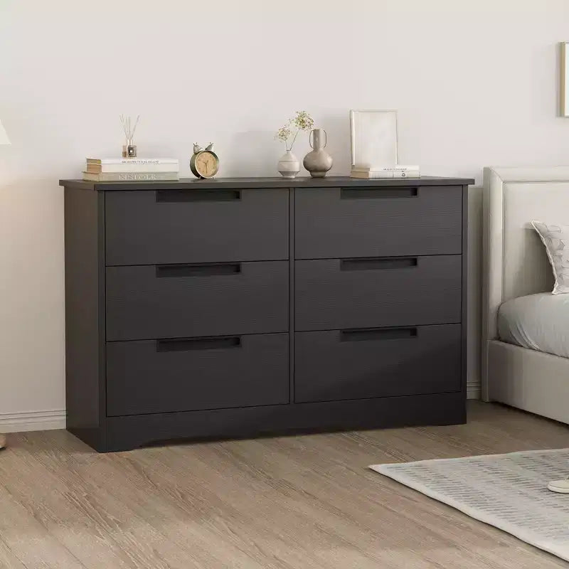 Commode 6 tiroirs pour chambre à coucher, commode en bois de 118,9 cm de large avec poignées encastrées, meuble de rangement pour vêtements, meuble TV pour couloir