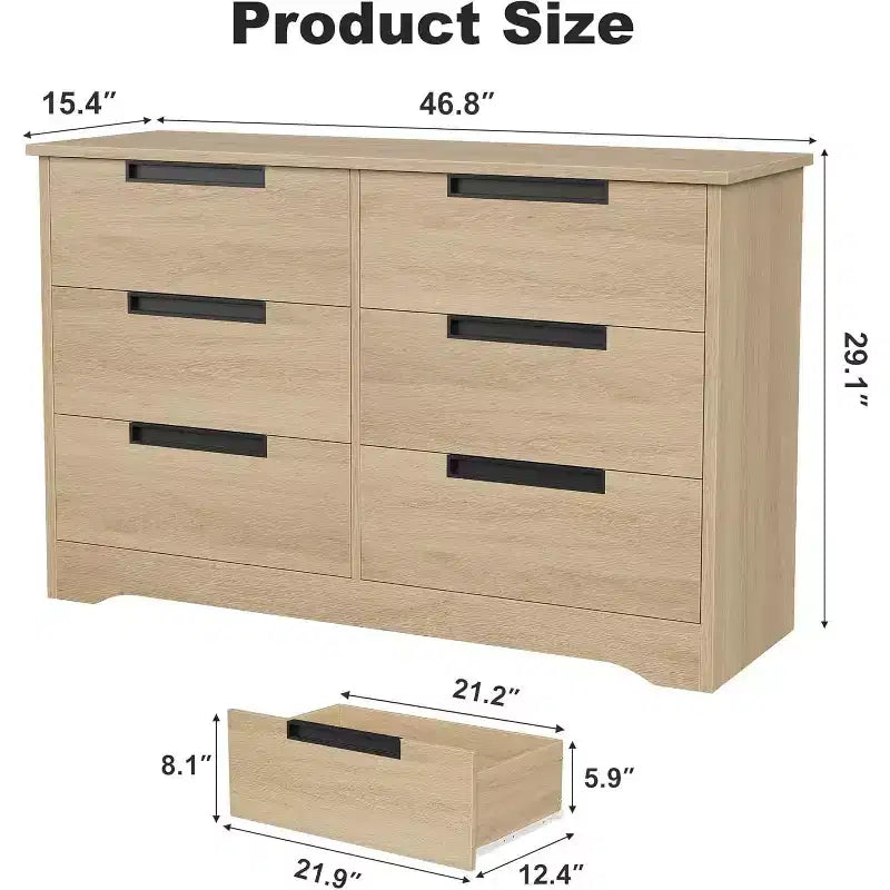 Commode 6 tiroirs pour chambre à coucher, commode en bois de 118,9 cm de large avec poignées encastrées, meuble de rangement pour vêtements, meuble TV pour couloir