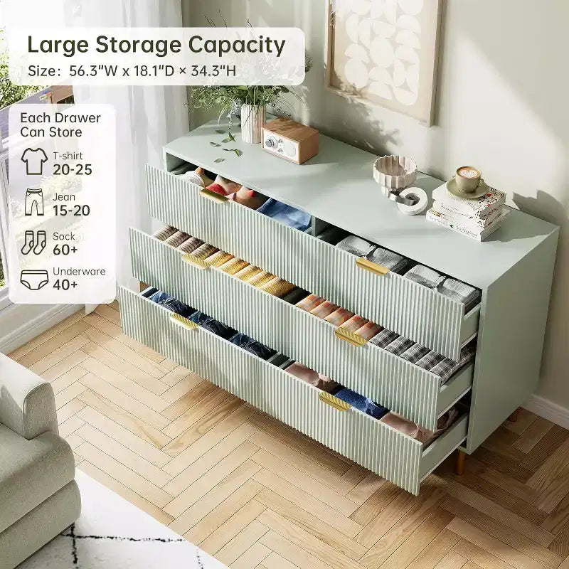 Commode, commode moderne à 6 tiroirs pour chambre à coucher avec poignées dorées et grands tiroirs, commode double en bois et meuble de rangement