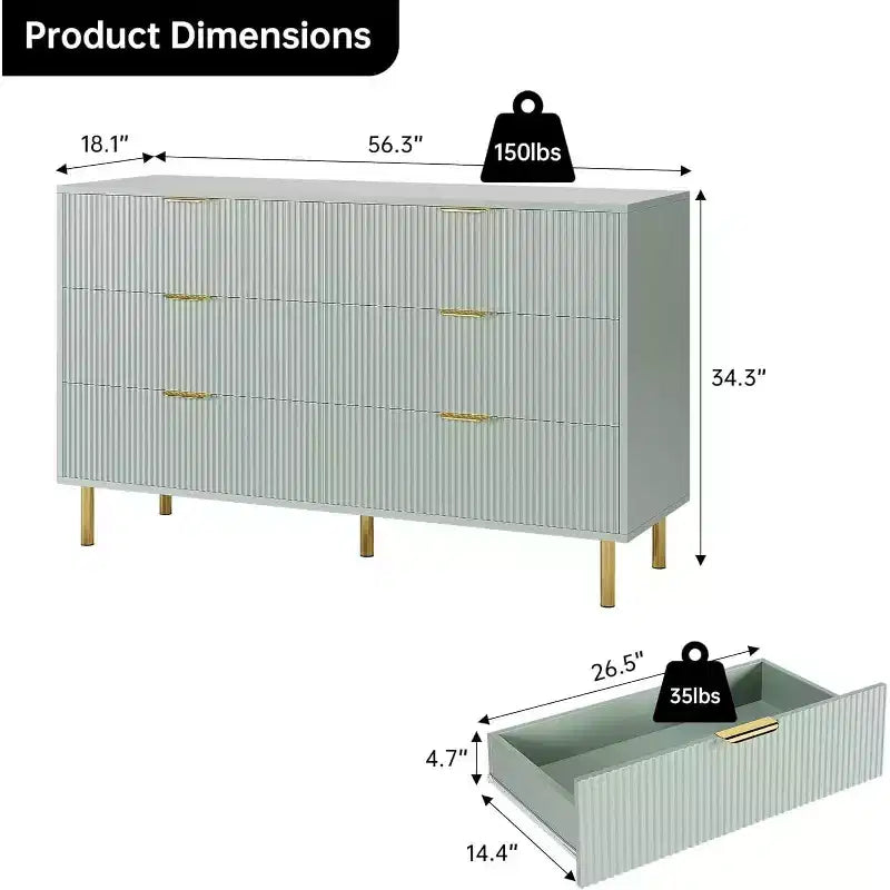 Commode, commode moderne à 6 tiroirs pour chambre à coucher avec poignées dorées et grands tiroirs, commode double en bois et meuble de rangement