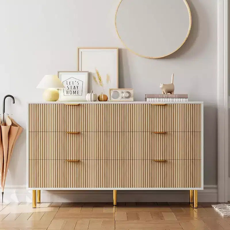 Commode, commode moderne à 6 tiroirs pour chambre à coucher avec poignées dorées et grands tiroirs, commode double en bois et meuble de rangement