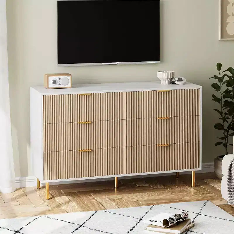 Commode, commode moderne à 6 tiroirs pour chambre à coucher avec poignées dorées et grands tiroirs, commode double en bois et meuble de rangement