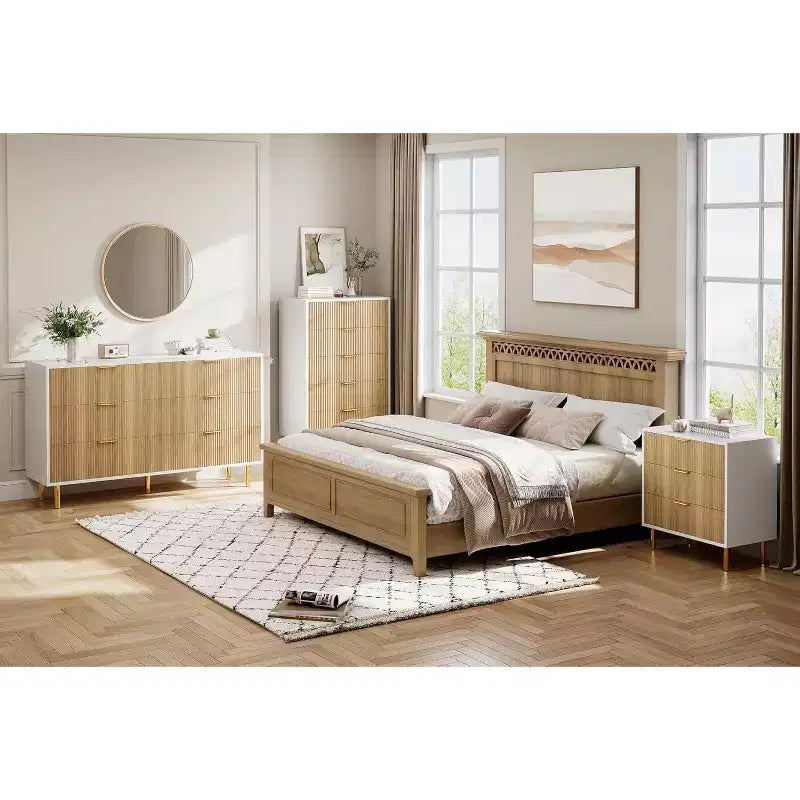 Commode, commode moderne à 6 tiroirs pour chambre à coucher avec poignées dorées et grands tiroirs, commode double en bois et meuble de rangement