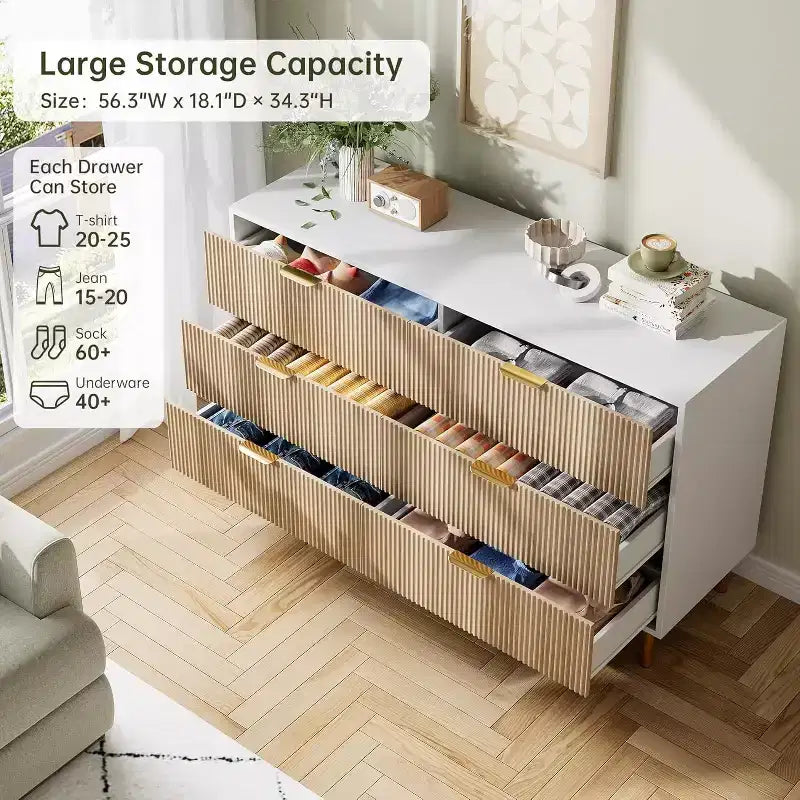 Commode, commode moderne à 6 tiroirs pour chambre à coucher avec poignées dorées et grands tiroirs, commode double en bois et meuble de rangement