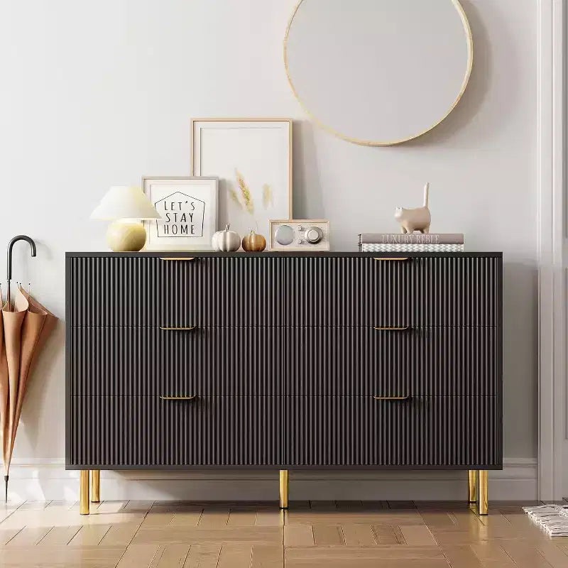 Commode, commode moderne à 6 tiroirs pour chambre à coucher avec poignées dorées et grands tiroirs, commode double en bois et meuble de rangement