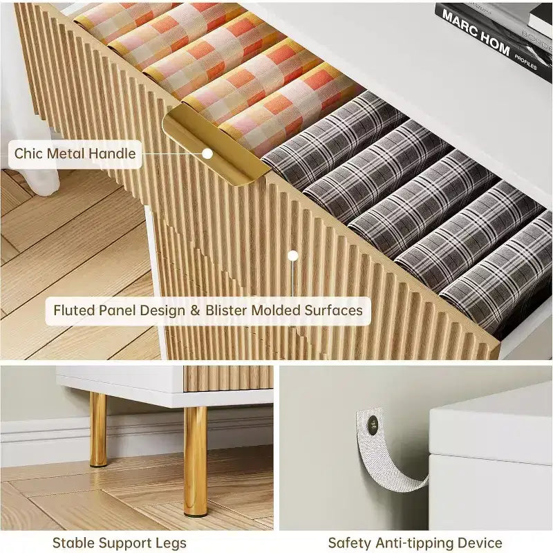 Commode, commode moderne à 6 tiroirs pour chambre à coucher avec poignées dorées et grands tiroirs, commode double en bois et meuble de rangement
