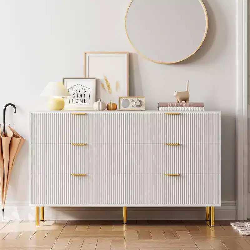 Commode, commode moderne à 6 tiroirs pour chambre à coucher avec poignées dorées et grands tiroirs, commode double en bois et meuble de rangement