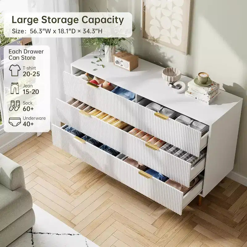 Commode, commode moderne à 6 tiroirs pour chambre à coucher avec poignées dorées et grands tiroirs, commode double en bois et meuble de rangement