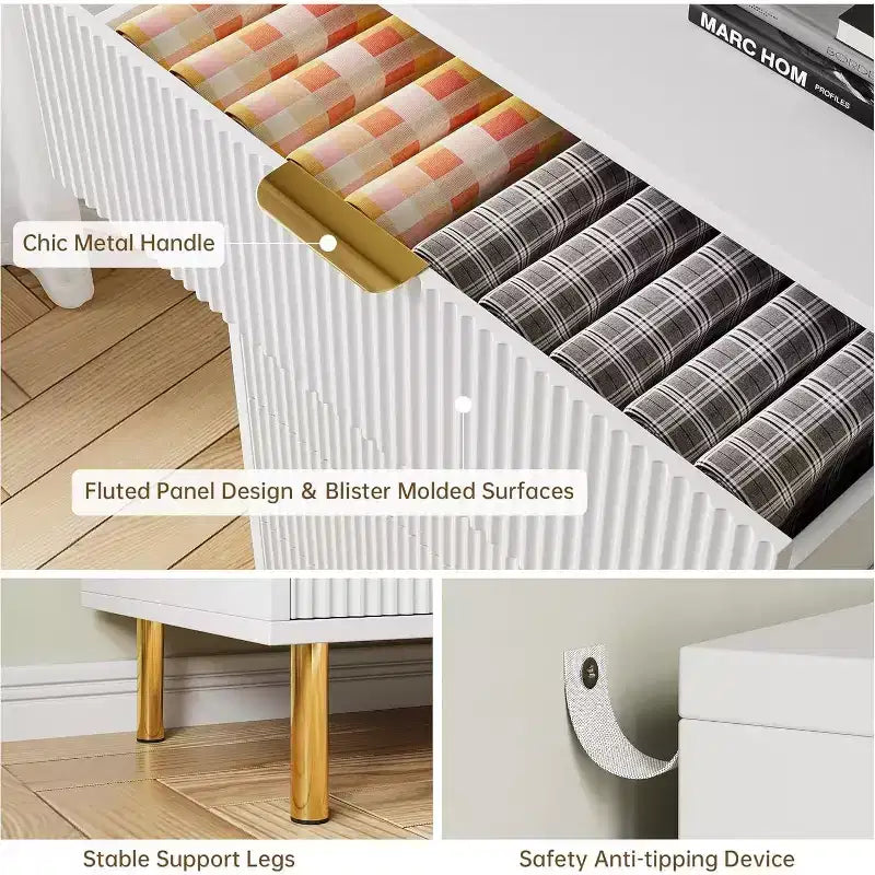 Commode, commode moderne à 6 tiroirs pour chambre à coucher avec poignées dorées et grands tiroirs, commode double en bois et meuble de rangement