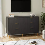 Commode, commode moderne à 6 tiroirs pour chambre à coucher avec poignées dorées et grands tiroirs, commode double en bois et meuble de rangement