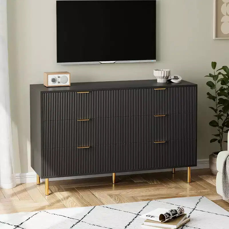 Commode, commode moderne à 6 tiroirs pour chambre à coucher avec poignées dorées et grands tiroirs, commode double en bois et meuble de rangement