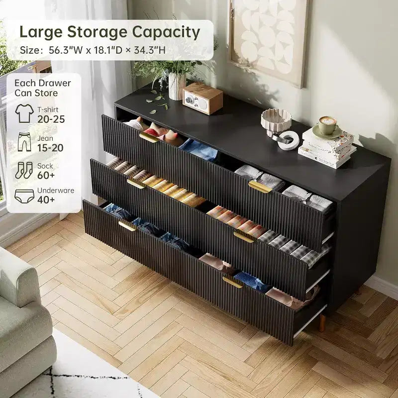 Commode, commode moderne à 6 tiroirs pour chambre à coucher avec poignées dorées et grands tiroirs, commode double en bois et meuble de rangement