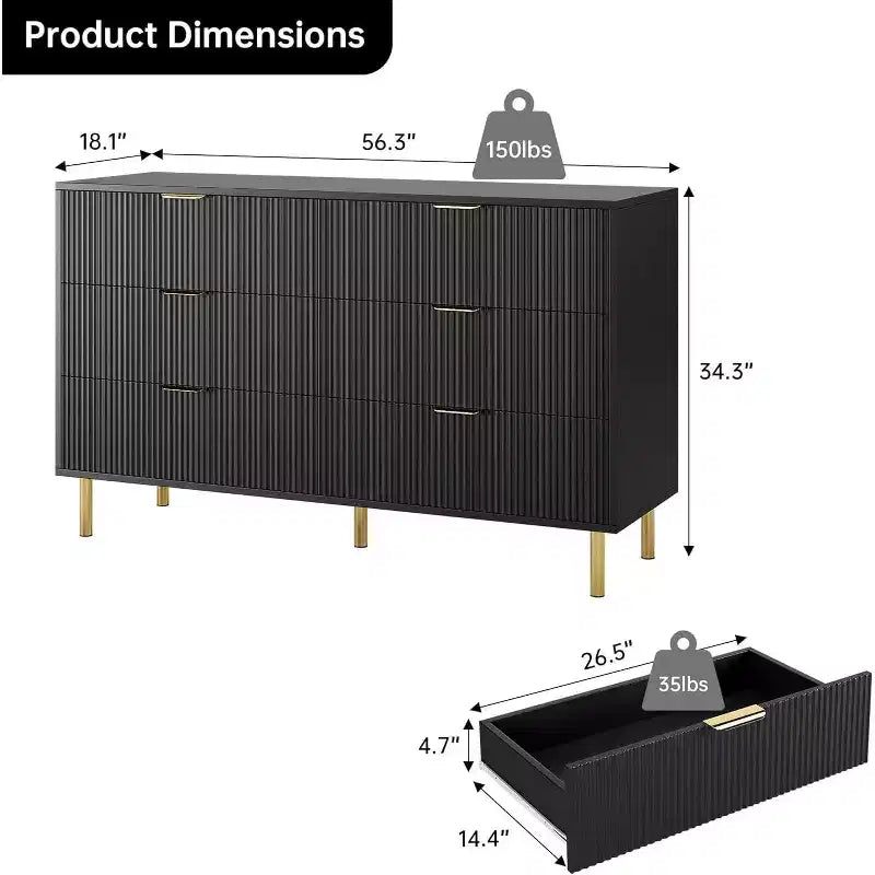 Commode, commode moderne à 6 tiroirs pour chambre à coucher avec poignées dorées et grands tiroirs, commode double en bois et meuble de rangement