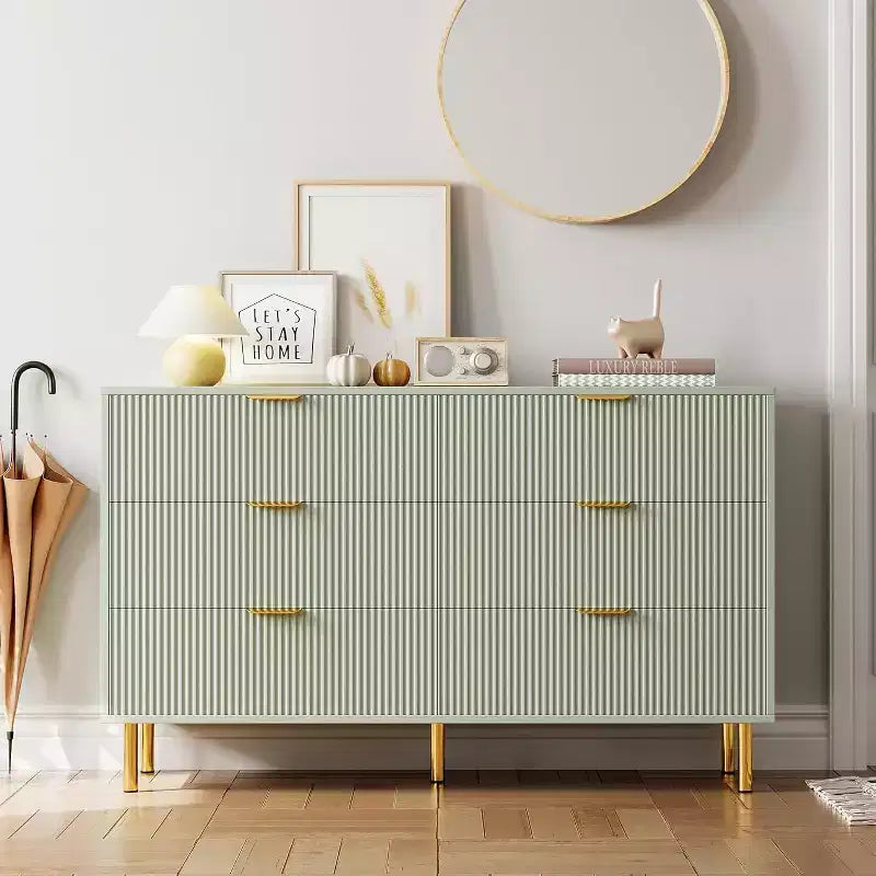 Commode, commode moderne à 6 tiroirs pour chambre à coucher avec poignées dorées et grands tiroirs, commode double en bois et meuble de rangement