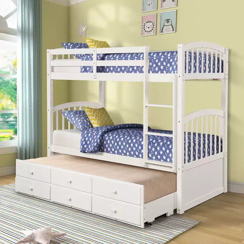 Lit superposé double avec échelle, barrière de sécurité, lit gigogne double avec 3 tiroirs pour chambre d'adolescent, meubles de chambre d'amis