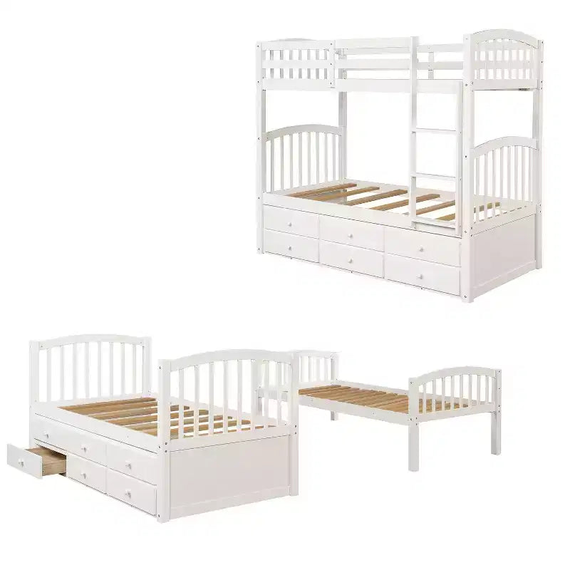 Lit superposé double avec échelle, barrière de sécurité, lit gigogne double avec 3 tiroirs pour chambre d'adolescent, meubles de chambre d'amis