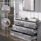 Commode VINGLI gris délavé, commode 6 tiroirs, commode longue 137 cm avec façade de tiroir texturée, commode en bois gris