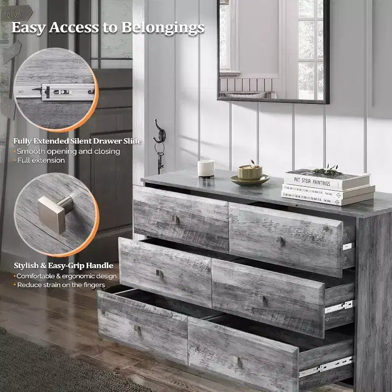 Commode VINGLI gris délavé, commode 6 tiroirs, commode longue 137 cm avec façade de tiroir texturée, commode en bois gris