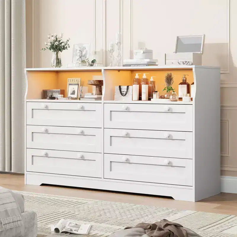 Commode de chambre à coucher en bois de 140 cm avec 6 tiroirs, éclairage LED et grand espace de rangement, organiseur de commode large pour placard et salon