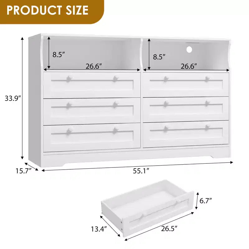 Commode de chambre à coucher en bois de 140 cm avec 6 tiroirs, éclairage LED et grand espace de rangement, organiseur de commode large pour placard et salon