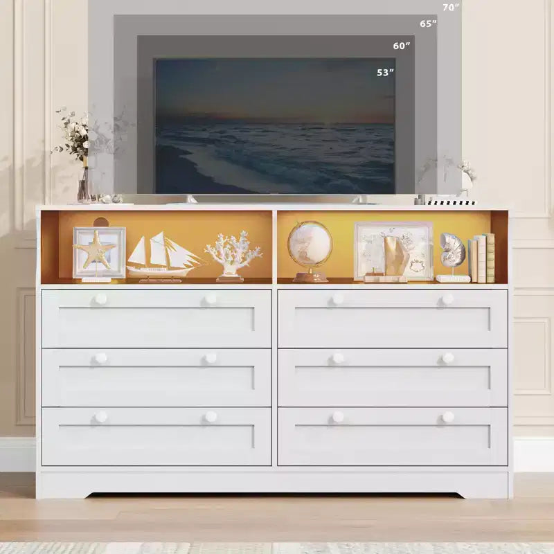 Commode de chambre à coucher en bois de 140 cm avec 6 tiroirs, éclairage LED et grand espace de rangement, organiseur de commode large pour placard et salon