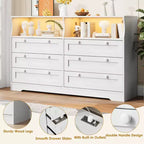 Commode de chambre à coucher en bois de 140 cm avec 6 tiroirs, éclairage LED et grand espace de rangement, organiseur de commode large pour placard et salon