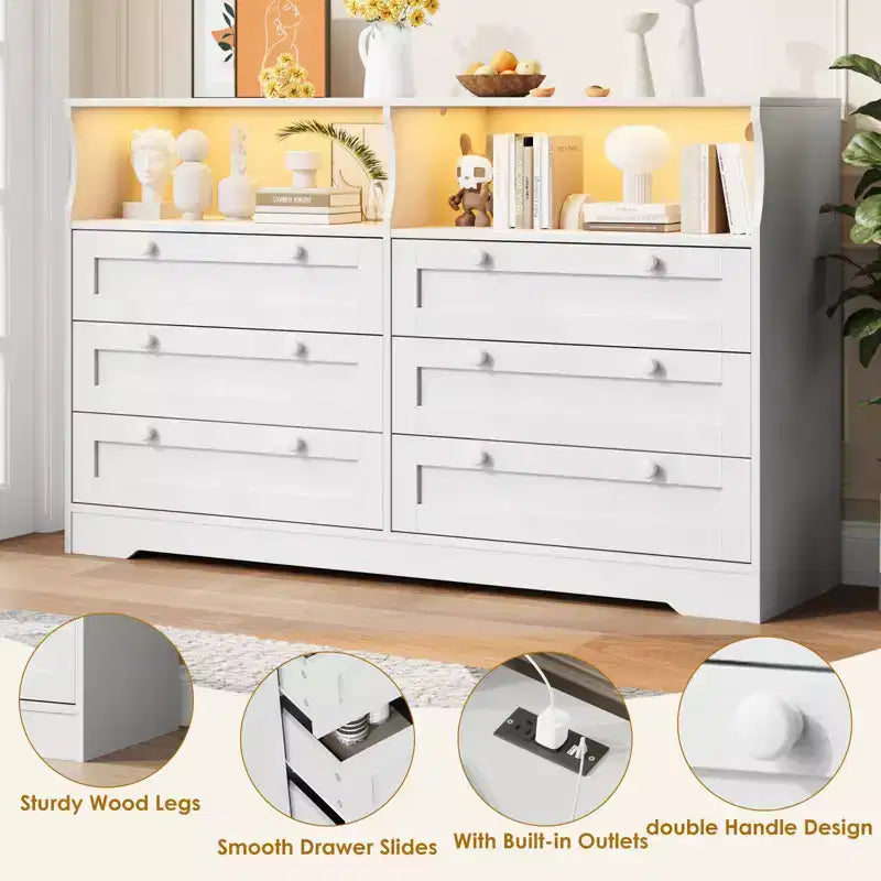 Commode de chambre à coucher en bois de 140 cm avec 6 tiroirs, éclairage LED et grand espace de rangement, organiseur de commode large pour placard et salon