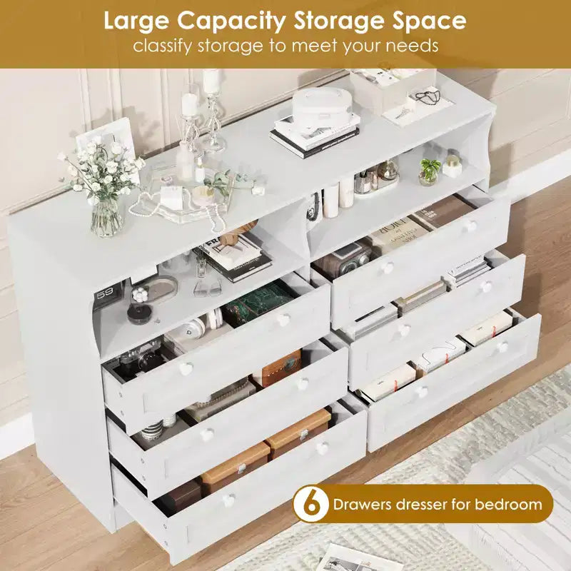 Commode de chambre à coucher en bois de 140 cm avec 6 tiroirs, éclairage LED et grand espace de rangement, organiseur de commode large pour placard et salon