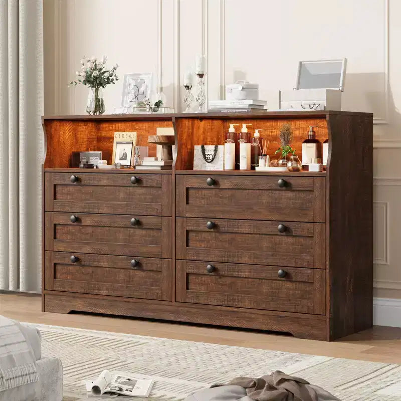 Commode de chambre à coucher en bois de 140 cm avec 6 tiroirs, éclairage LED et grand espace de rangement, organiseur de commode large pour placard et salon