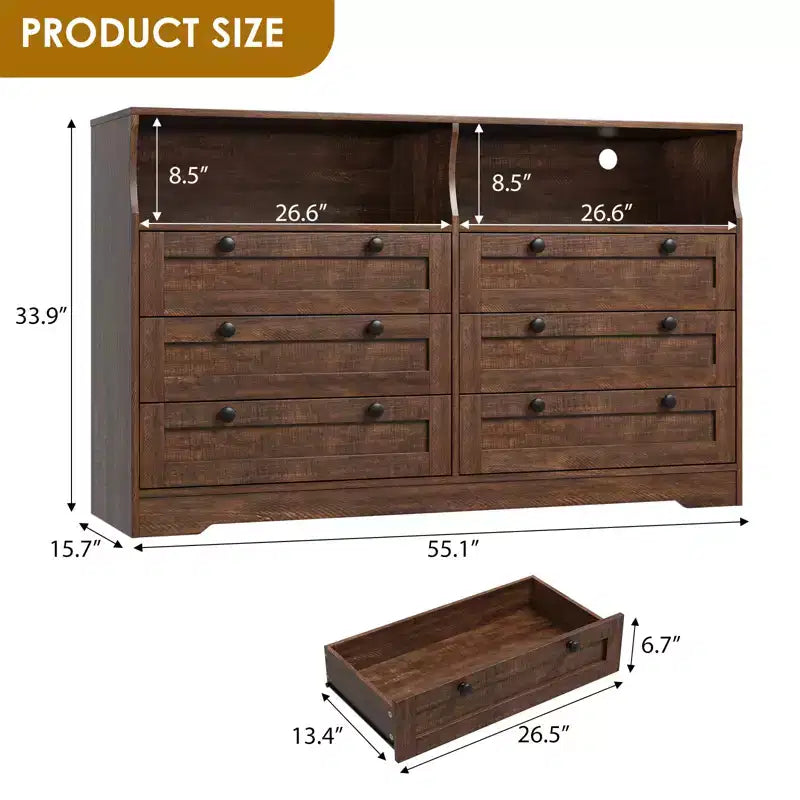 Commode de chambre à coucher en bois de 140 cm avec 6 tiroirs, éclairage LED et grand espace de rangement, organiseur de commode large pour placard et salon